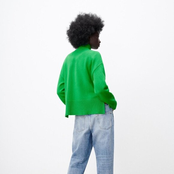 Zara Quarter Zip Funnel-Neck Knit Sweater Green Small - Picture 3 of 7